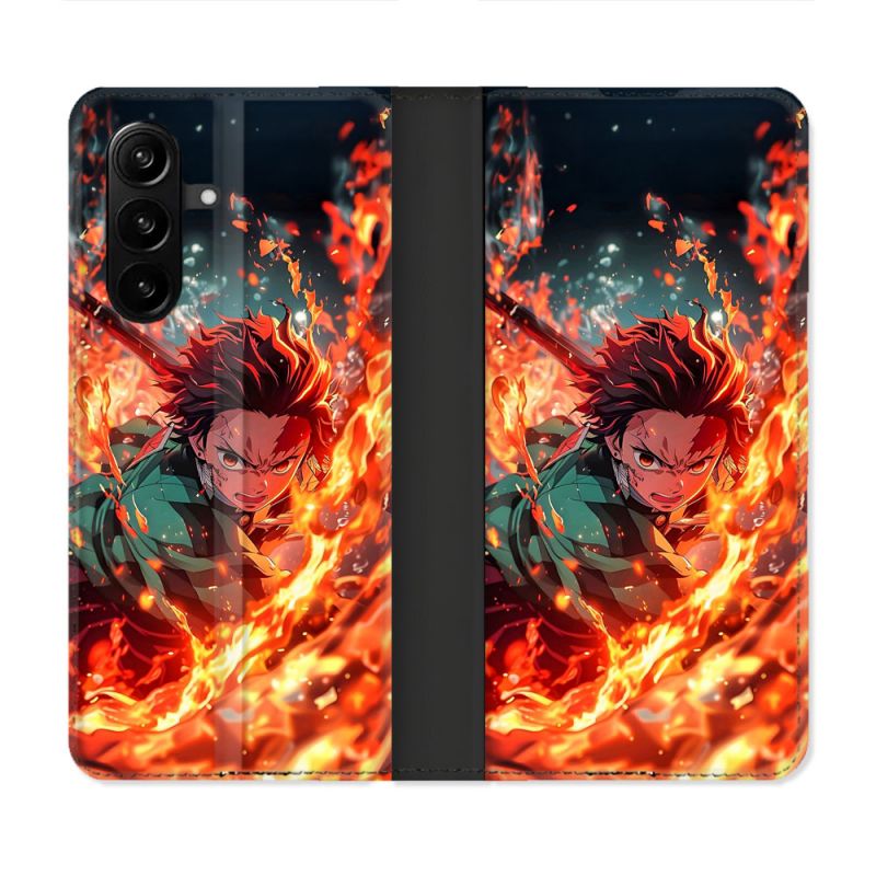 Housse Cuir Portefeuille Pour Samsung Galaxy A57 5G Manga Demon Slayer Tanjiro Feu