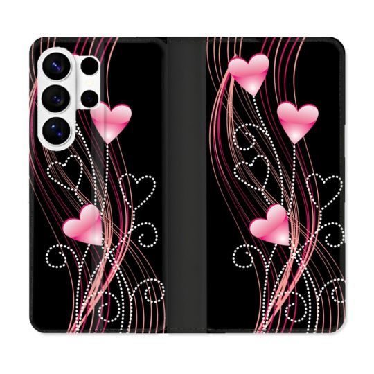 Housse cuir portefeuille Pour Samsung Galaxy S26 Ultra Amour Coeur Rose Montant sur Noir