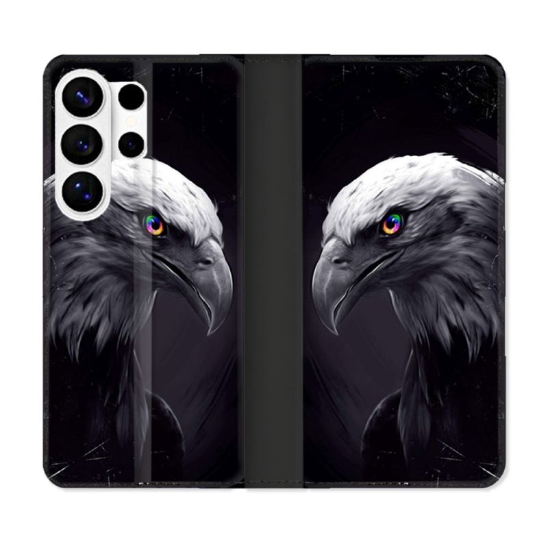 Housse cuir portefeuille Pour Samsung Galaxy S26 Ultra Animal Aigle Royal Noir