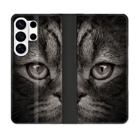 Housse cuir portefeuille Pour Samsung Galaxy S26 Ultra Animal Chat Gris