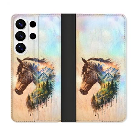 Housse cuir portefeuille Pour Samsung Galaxy S26 Ultra Animal Cheval Montagne