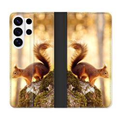 Housse cuir portefeuille Pour Samsung Galaxy S26 Ultra Animal Ecureuil Bois