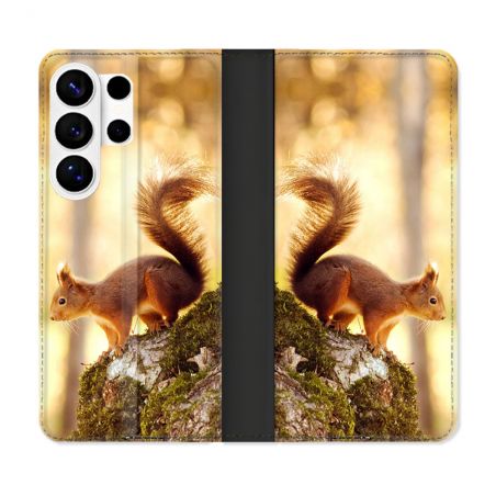 Housse cuir portefeuille Pour Samsung Galaxy S26 Ultra Animal Ecureuil Bois