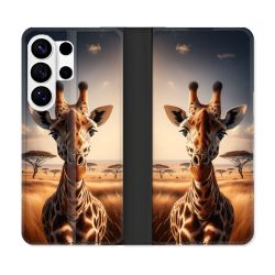 Housse cuir portefeuille Pour Samsung Galaxy S26 Ultra Animal Girafe Savane
