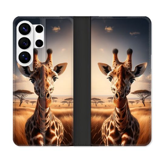 Housse cuir portefeuille Pour Samsung Galaxy S26 Ultra Animal Girafe Savane