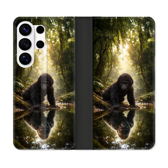 Housse cuir portefeuille Pour Samsung Galaxy S26 Ultra Animal Gorille Reflet