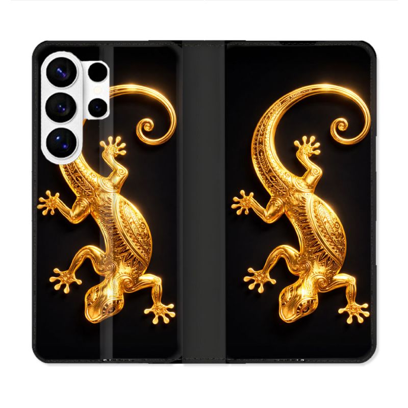 Housse cuir portefeuille Pour Samsung Galaxy S26 Ultra Animal Lezard Noir 2026