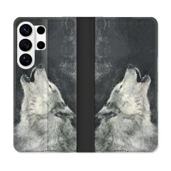 Housse cuir portefeuille Pour Samsung Galaxy S26 Ultra Animal Loup Hurlement