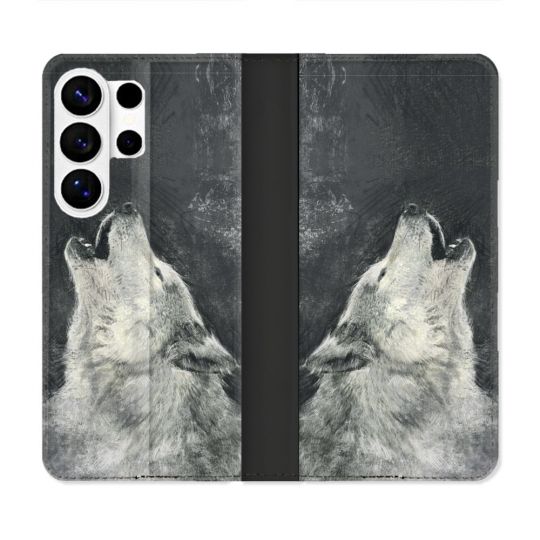 Housse cuir portefeuille Pour Samsung Galaxy S26 Ultra Animal Loup Hurlement