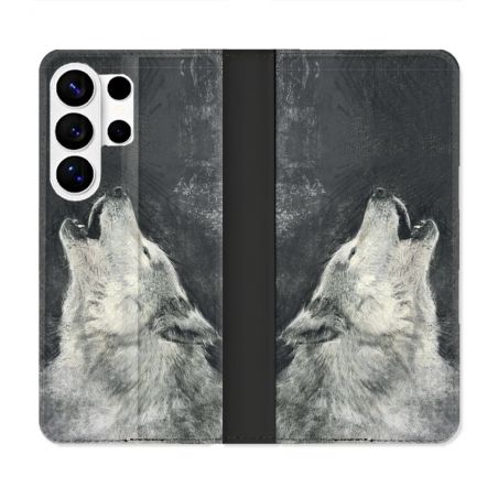 Housse cuir portefeuille Pour Samsung Galaxy S26 Ultra Animal Loup Hurlement