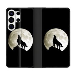 Housse cuir portefeuille Pour Samsung Galaxy S26 Ultra Animal Loup Noir