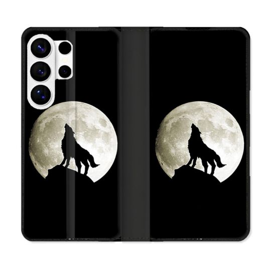 Housse cuir portefeuille Pour Samsung Galaxy S26 Ultra Animal Loup Noir