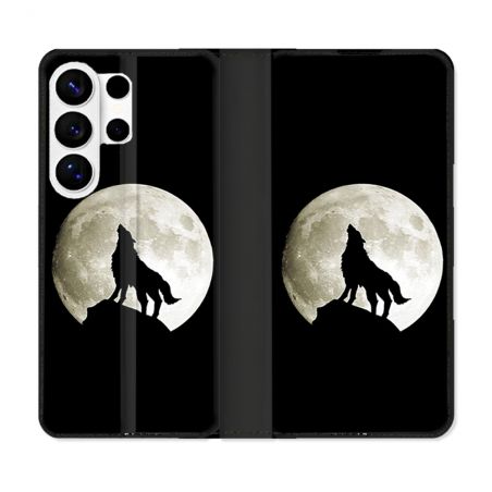Housse cuir portefeuille Pour Samsung Galaxy S26 Ultra Animal Loup Noir