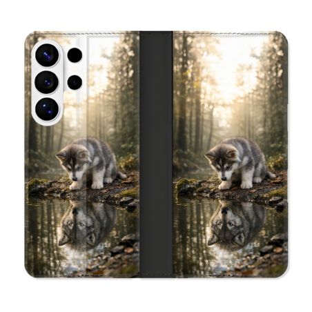 Housse cuir portefeuille Pour Samsung Galaxy S26 Ultra Animal Loup Reflet