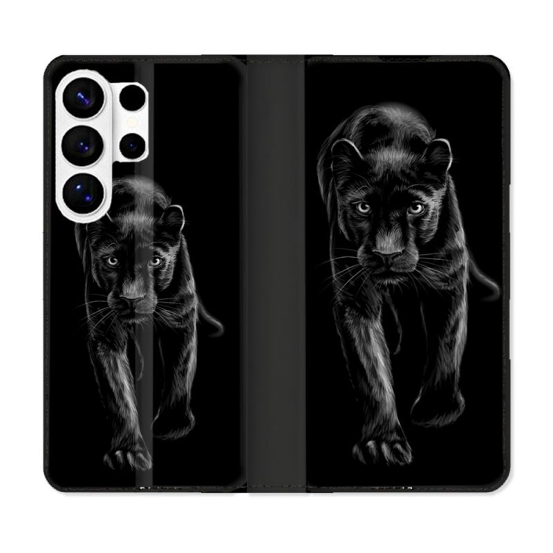 Housse cuir portefeuille Pour Samsung Galaxy S26 Ultra Animal Panthère Noire