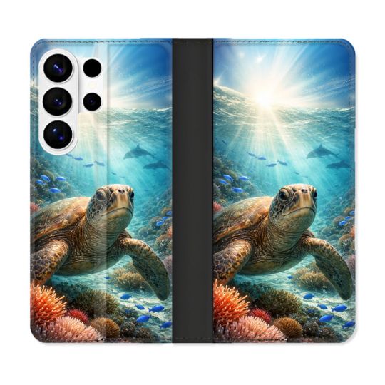 Housse cuir portefeuille Pour Samsung Galaxy S26 Ultra Animal Tortue Marine