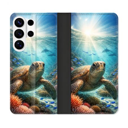 Housse cuir portefeuille Pour Samsung Galaxy S26 Ultra Animal Tortue Marine