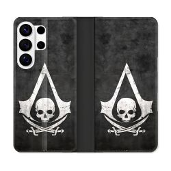 Housse cuir portefeuille Pour Samsung Galaxy S26 Ultra Assassin Creed Tete Mort