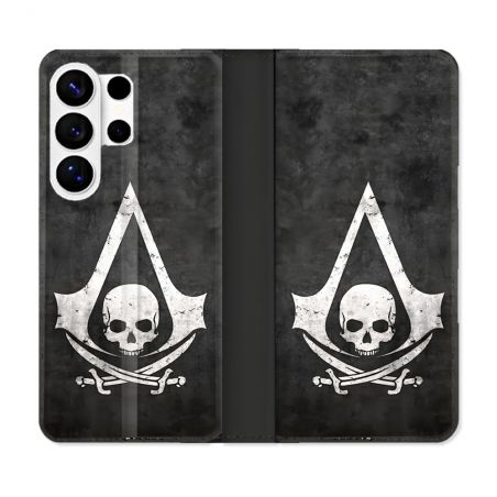 Housse cuir portefeuille Pour Samsung Galaxy S26 Ultra Assassin Creed Tete Mort
