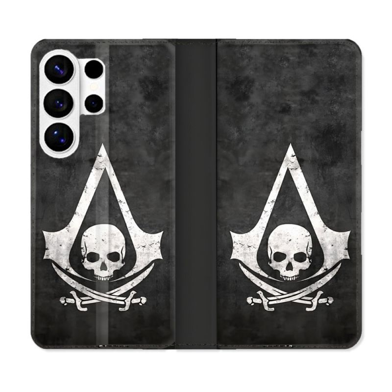Housse cuir portefeuille Pour Samsung Galaxy S26 Ultra Assassin Creed Tete Mort