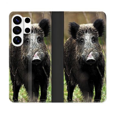 Housse cuir portefeuille Pour Samsung Galaxy S26 Ultra Chasse Sanglier bois