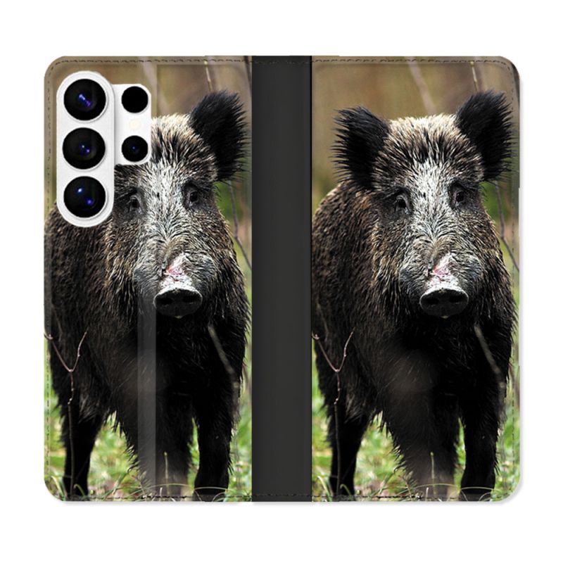 Housse cuir portefeuille Pour Samsung Galaxy S26 Ultra Chasse Sanglier bois