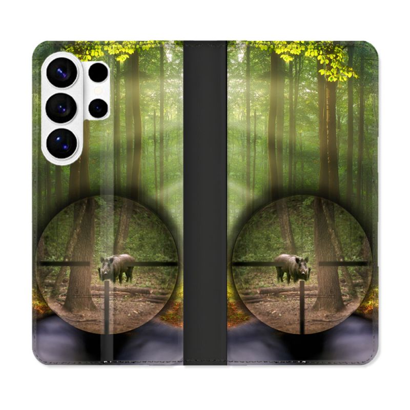 Housse cuir portefeuille Pour Samsung Galaxy S26 Ultra Chasse Sanglier Viseur
