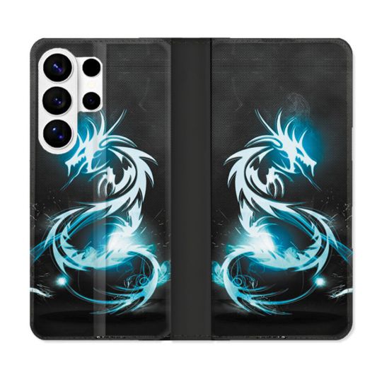 Housse cuir portefeuille Pour Samsung Galaxy S26 Ultra Fantastique Dragon Bleu