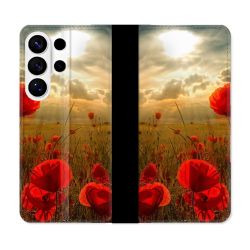 Housse cuir portefeuille Pour Samsung Galaxy S26 Ultra Fleur Coquelicot