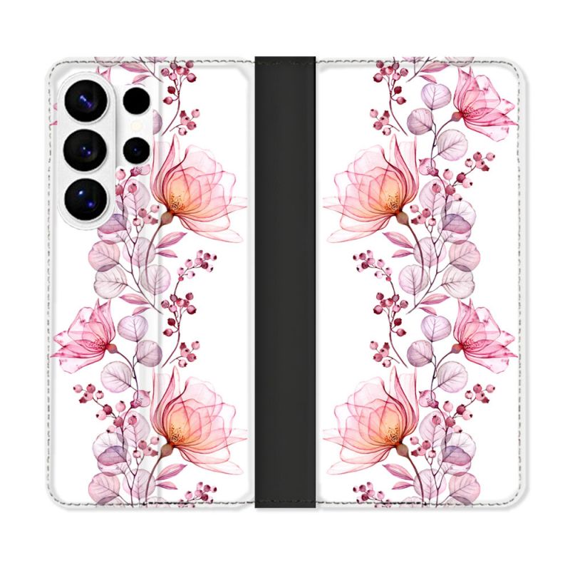 Housse cuir portefeuille Pour Samsung Galaxy S26 Ultra Fleur Eclosion