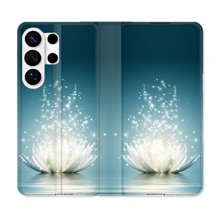 Housse cuir portefeuille Pour Samsung Galaxy S26 Ultra Fleur Lotus Blanc