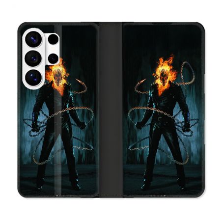 Housse cuir portefeuille Pour Samsung Galaxy S26 Ultra Ghost Rider