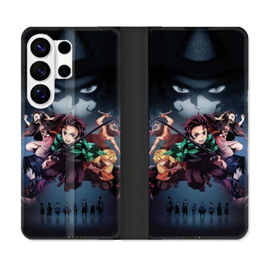 Housse cuir portefeuille Pour Samsung Galaxy S26 Ultra Manga Demon Slayer Noir