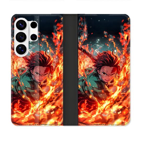 Housse cuir portefeuille Pour Samsung Galaxy S26 Ultra Manga Demon Slayer Tanjiro Feu