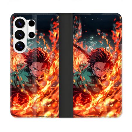 Housse cuir portefeuille Pour Samsung Galaxy S26 Ultra Manga Demon Slayer Tanjiro Feu