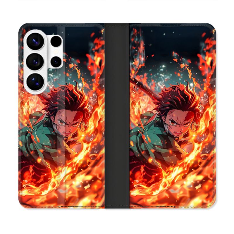 Housse cuir portefeuille Pour Samsung Galaxy S26 Ultra Manga Demon Slayer Tanjiro Feu