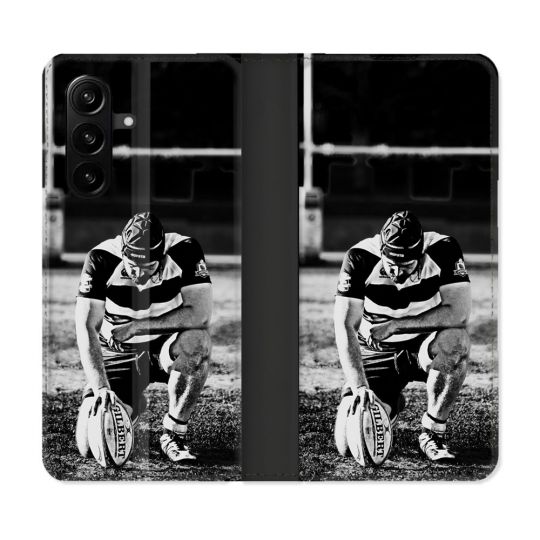 Housse Cuir Portefeuille Pour Samsung Galaxy A57 5G Sport Rugby Noir Blanc