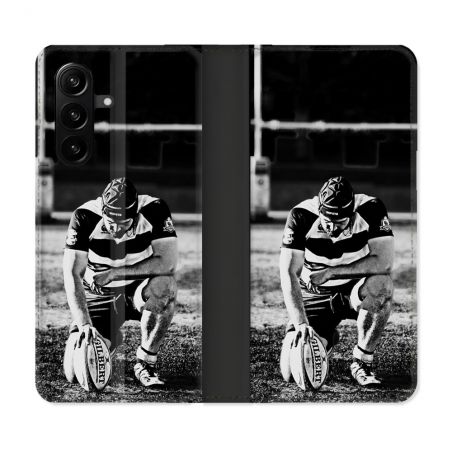 Housse Cuir Portefeuille Pour Samsung Galaxy A57 5G Sport Rugby Noir Blanc