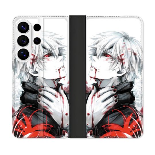 Housse cuir portefeuille Pour Samsung Galaxy S26 Ultra Manga Tokyo Ghoul Kaneki Blanc