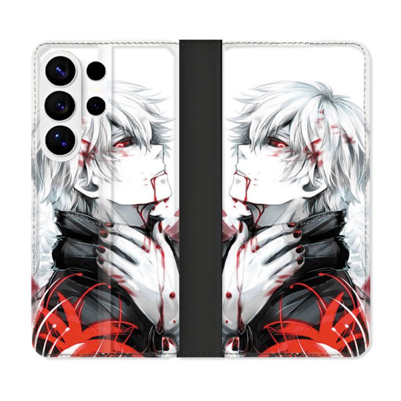 Housse cuir portefeuille Pour Samsung Galaxy S26 Ultra Manga Tokyo Ghoul Kaneki Blanc