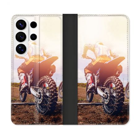 Housse cuir portefeuille Pour Samsung Galaxy S26 Ultra Moto Cross Soleil