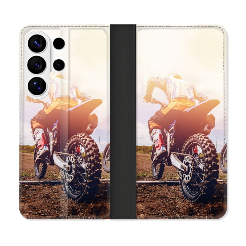 Housse cuir portefeuille Pour Samsung Galaxy S26 Ultra Moto Cross Soleil
