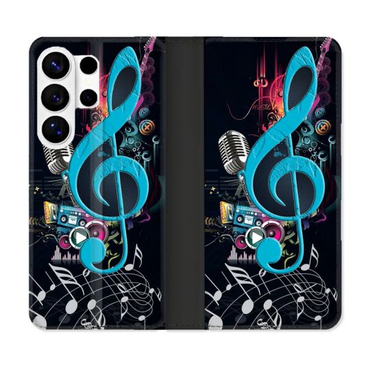 Housse cuir portefeuille Pour Samsung Galaxy S26 Ultra Musique Cle Sol Bleu
