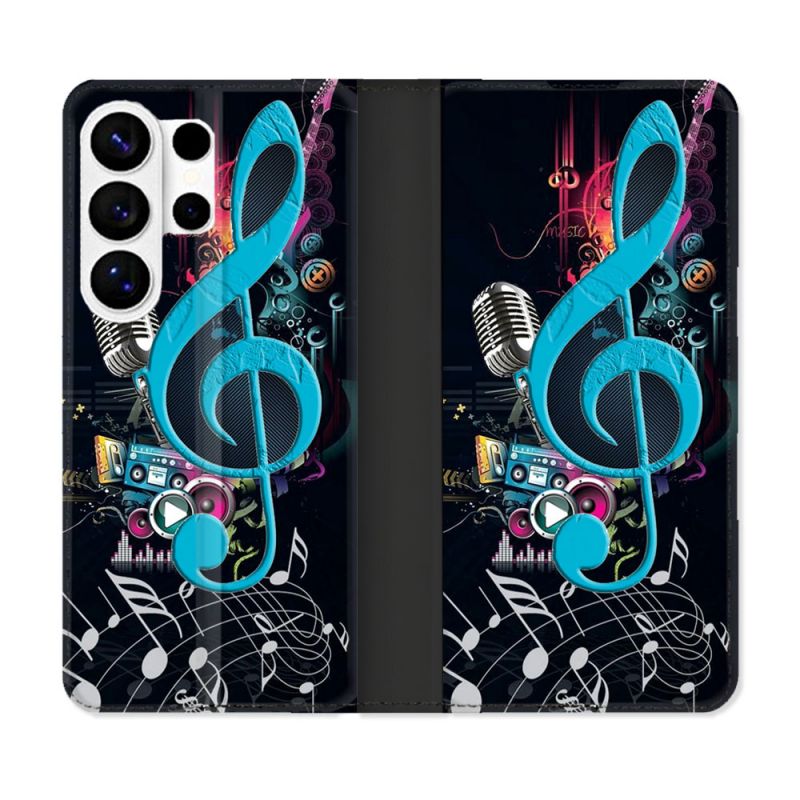 Housse cuir portefeuille Pour Samsung Galaxy S26 Ultra Musique Cle Sol Bleu