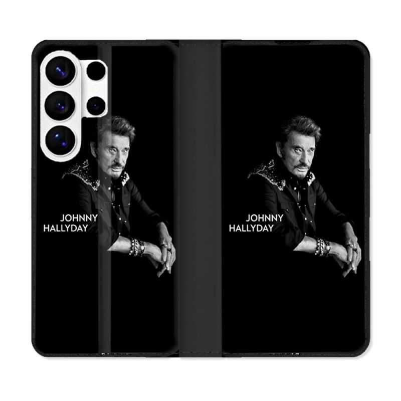 Housse cuir portefeuille Pour Samsung Galaxy S26 Ultra Musique Johnny Hallyday Noir