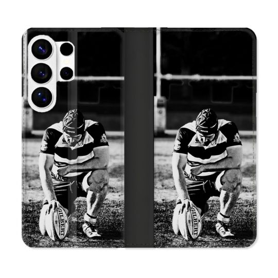 Housse cuir portefeuille Pour Samsung Galaxy S26 Ultra Sport Rugby Noir Blanc