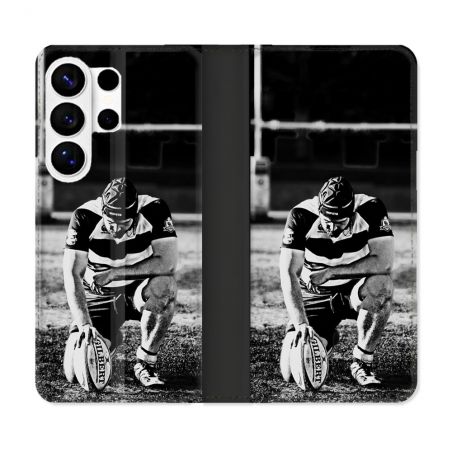 Housse cuir portefeuille Pour Samsung Galaxy S26 Ultra Sport Rugby Noir Blanc