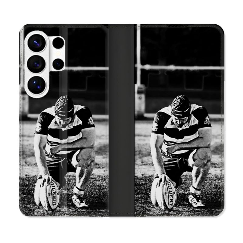 Housse cuir portefeuille Pour Samsung Galaxy S26 Ultra Sport Rugby Noir Blanc