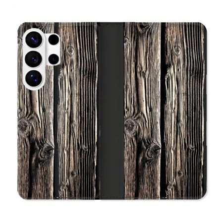 Housse cuir portefeuille Pour Samsung Galaxy S26 Ultra Texture Bois