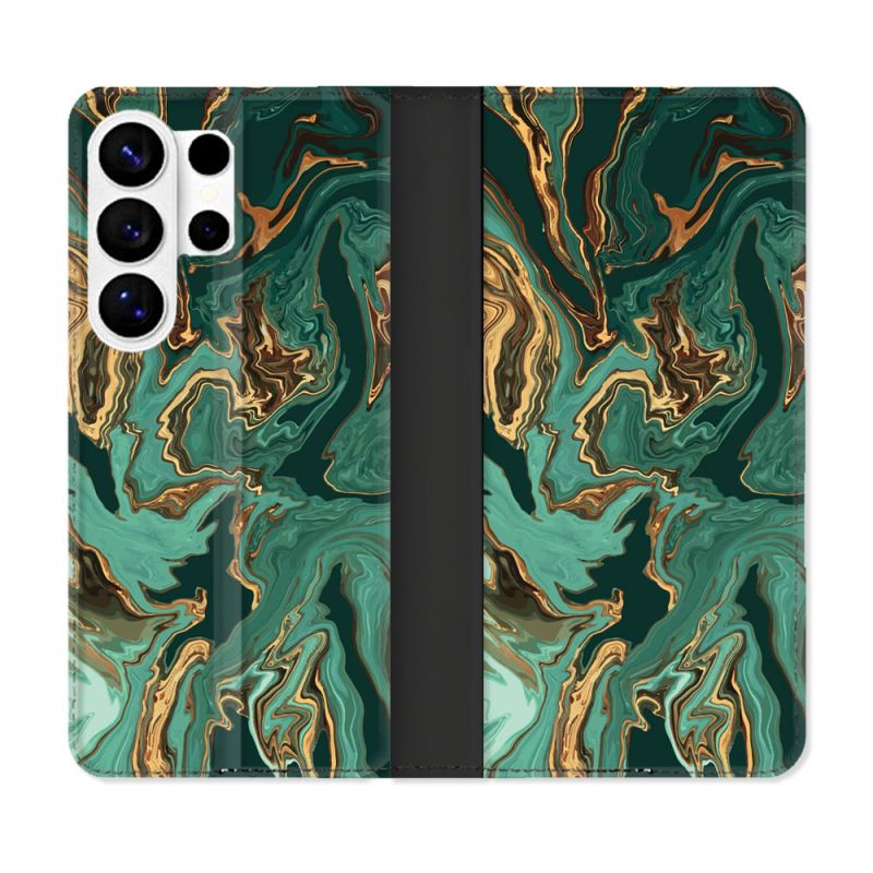 Housse cuir portefeuille Pour Samsung Galaxy S26 Ultra Texture Marbre Vert